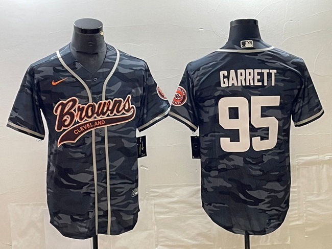 Men's Cleveland Browns #95 Myles Garrett Gray Camo With Patch Cool Base Stitched Baseball Jersey